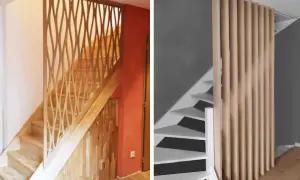 Escalier en bois avec un garde-corps ajouré en escalier claustra à gauche, et un escalier moderne avec un claustra vertical en bois à droite.