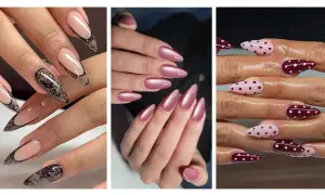 Idée ongle ballerine : trois styles élégants. French revisité avec dentelle noire, rose métallique nacré, et pois sur fond rose et bordeaux.