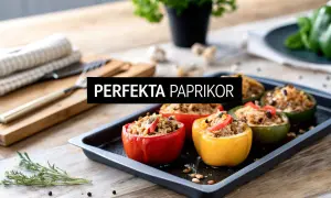 Fyllda paprikor på en plåt, redo att bakas. En härlig måltid med färgglada paprikor fyllda med en smakrik blandning.