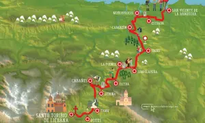 Mapa ilustrado del **camino lebaniego**, con su **dificultad** representada por el terreno montañoso y la ruta marcada.
