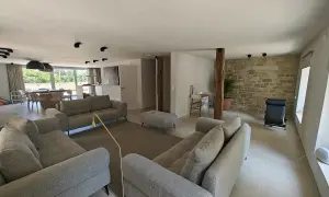 Salon moderne avec canapés gris, un pouf, un tapis, et un mur en pierre apparente rustique. Une plante verte et un fauteuil noir complètent l'espace.