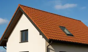 Nowy dom z czerwonym, ceramicznym dachem dwuspadowym i oknem dachowym.