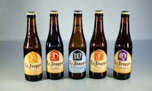 Cinque bottiglie di birra La Trappe, tra cui Blond, Dubbel, Witte Trappist, Tripel e Quadrupel, disposte in fila.