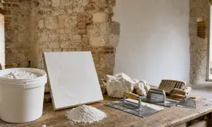 Attrezzi e materiali per intonacare: secchio di calce, campione di intonaco, pietre, cazzuole e spazzola. Diversi tipi di calce per restauri.