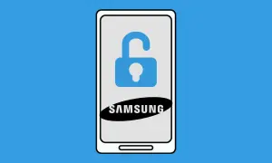 Ilustración de un teléfono Samsung con un candado abierto, indicando cómo averiguar patrón de desbloqueo.