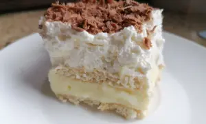 Szybkie ciasto z budyniem i bitą śmietaną, posypane wiórkami czekolady. Idealne na deser!