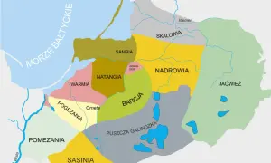 Mapa historycznych ziem Prusów: Sambia, Natangia, Warmia, Pomezania, Pogezania, Sasinia, Barcja, Skalovia, Nadrowia, Jaćwież.