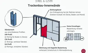 Detailansicht einer Trockenbauwand mit Ständerwerk, Dämmung und Beplankung. Die Reihenfolge des Innenausbaus wird durch die Darstellung der einzelnen Komponenten verdeutlicht.