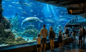 Familie bestaunt Seekuh und Haie im Afrykarium Wrocław.