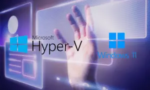 Mano interactuando con interfaz digital de Microsoft Hyper-V y Windows 11, creando una máquina virtual.