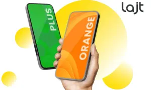 Dwa telefony, jeden z napisem "PLUS" na zielonym tle, drugi z napisem "ORANGE" na pomarańczowym. Logo "lajt" sugeruje, co to jest lajt mobile.