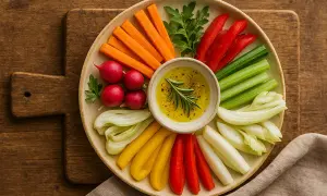 Bunte Gemüsesticks wie Karotten, Paprika, Sellerie und Radieschen, serviert mit einem Dip – eine köstliche Auswahl an italienischen Vorspeisen.
