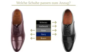 Zwei elegante Anzugschuhe-Arten, braun und schwarz, mit Farblegende für die passende Wahl zum Anzug.