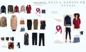 Kolekcja Orłowskiej szafa kapsułowa: płaszcz, marynarki, swetry, spódnice, spodnie, sukienka, torebki, buty i akcesoria.