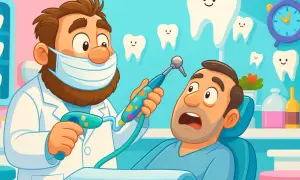 Dentysta w masce przygotowuje się do borowania zęba pacjentowi, który wygląda na przestraszonego. W tle uśmiechnięte zęby.