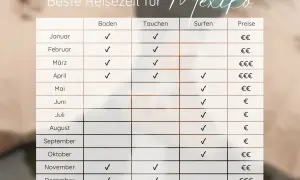 Tabelle zeigt beste Reisezeit für Mexiko im Januar: Baden und Tauchen sind ideal, Surfen möglich, Preise moderat.