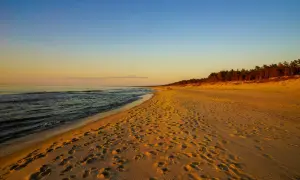 Piękny zachód słońca nad Bałtykiem w Krynicy Morskiej. Złoty piasek plaży usiany śladami stóp, spokojne morze i las sosnowy w oddali.