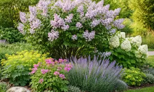 Ein üppiger Fliederstrauch dominiert diesen Garten. Daneben blühen Hortensien, Lavendel und gelbe Frauenmantel. Ein Traum, wie man Flieder kombinieren kann!