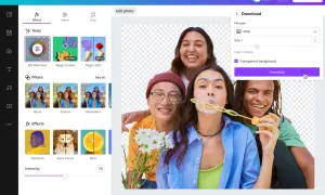 Jak usunąć tło ze zdjęcia? W Canva wybierz "BG Remover", zaznacz "Transparent background" i pobierz plik PNG.