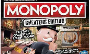 Pudełko gry Monopoly Cheaters Edition z postacią pana Monopoly, bankiem i więzieniem.