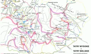 Mapa Tatr Słowackich zimą: szlaki, doliny, schroniska i szczyty. Widok na Tatry Wysokie i Bielskie.