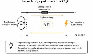 Schemat przedstawia impedancję pętli zwarcia (Zs) w obwodzie elektrycznym, uwzględniając transformator, zabezpieczenie nadprądowe i zwarcie doziemne.