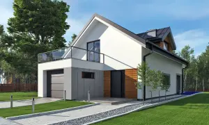 Nowoczesny dom z dużymi oknami i balkonem. Eleganckie facjaty dachowe dodają mu charakteru.