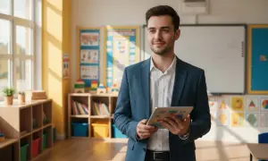 Mężczyzna w garniturze trzyma tablet w klasie.