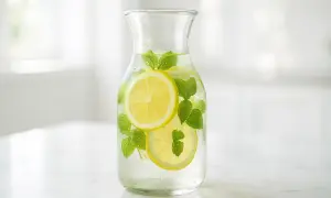 Caraffa di bevanda isotonica fatta in casa con fette di limone e foglie di menta fresca.