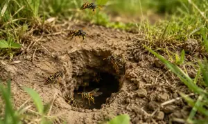 Aktywne gniazdo os w ziemi. Kilka os krąży wokół wejścia, inne wchodzą do środka.