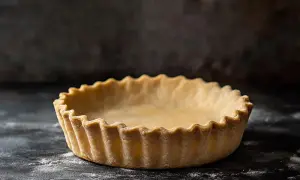 En tom, gyllene pajskal med vågiga kanter, redo för ditt bästa pajdeg recept.