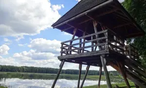 Drewniana wieża widokowa nad jeziorem, idealna na zwiedzanie i jako atrakcje dla dzieci.