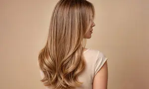 Kobieta z długimi, falowanymi włosami w odcieniach blond. Delikatny balejaż blond dodaje fryzurze głębi i blasku.