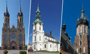 Trzy imponujące budowle: bazylika archikatedralna z dwiema wieżami, biały kościół z zieloną kopułą i wieża z cegły.