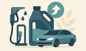 Bilens motorolja behöver fyllas på. En bensinpump, en dunk med olja och en bil visas, med en pil som pekar uppåt.