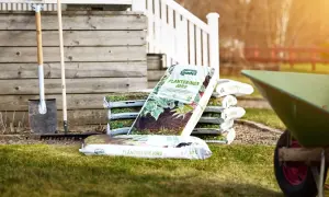 Säckar med planteringsjord, en spade och en kratta står redo för trädgårdsarbetet. Den kalkrika jorden är perfekt för att ge dina växter en bra start.