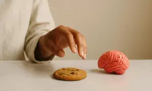 Mano tesa verso un biscotto, accanto a un cervello. Un'immagine che evoca la **valvola di sfogo psicologia** e le tentazioni.