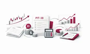 Grafika przedstawia elementy związane z finansami: wykresy giełdowe, PIT-38, kalkulator, monety z symbolem złotówki i dolara, stosy dokumentów i wykresy słupkowe. To wszystko symbolizuje zarządzanie **kapitałem** i rozliczenia podatkowe.
