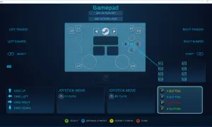 Interfejs Steam z widokiem konfiguracji pada, przyciskami i opcjami.