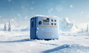 Estación de energía portátil BLUETTI en la nieve, con baterías de sodio listas para la aventura.