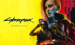 Postacie z gry Cyberpunk 2077: V, Johnny Silverhand, Idris Elba i inni, na tle żółto-czerwonej grafiki.