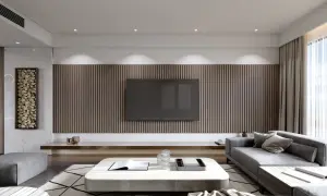 Nowoczesna ściana z TV w salonie, z drewnianą okładziną i minimalistycznym stolikiem. Inspiracje dla Twojego wnętrza.