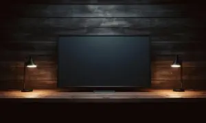 Ciemny ekran telewizora, dwie lampki po bokach. Brak obrazu w telewizorze, tylko pustka.