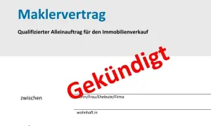 Maklervertrag für Immobilienverkauf, hier mit dem Hinweis "Gekündigt". Die Laufzeit des Vertrags ist beendet.