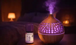 Ein Diffusor verströmt lila Dampf, daneben eine Flasche Baldini Lavendelöl. Perfekt für Lavendel Entspannung im Schlafzimmer.