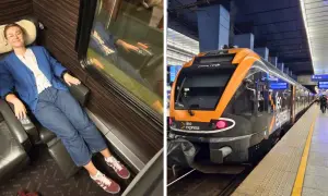 Kobieta w wygodnym fotelu w pociągu, gotowa na podróż z Krakowa do Zabrza. Obok nowoczesny pociąg Leo Express na peronie.
