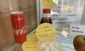 Eine Cola-Dose neben Würfelzucker. Die Frage "wie viel gramm zucker hat cola" wird durch Notizen beantwortet: 10 Stück Würfelzucker pro Flasche.
