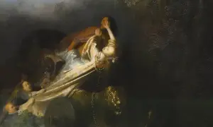 Mroczny obraz przedstawiający porwanie Persefony przez Hadesa.