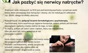 Mężczyzna w okularach pochyla się nad stołem, jakby szukał czegoś. Tekst mówi o leczeniu nerwicy natręctw (OCD) przez psychoterapię i leki.