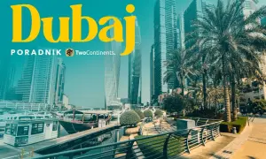 Dubaj: czy do Dubaju trzeba paszport? Widok na nowoczesne drapacze chmur, palmy i przystań z łodziami.